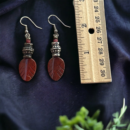 Carved Red Jasper Feather Dangle Earrings