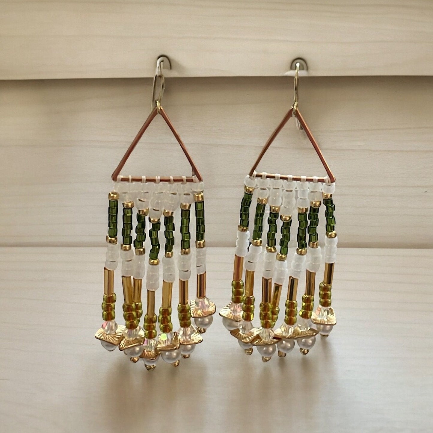 Hand beaded stunning dangle  earrings - emerald green and gold with white faux pearls
