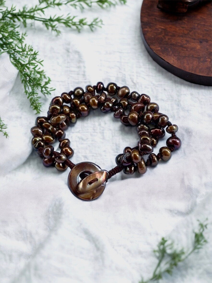 Stunning bronze pearl vintage bracelet - three strands of freshwater pearls