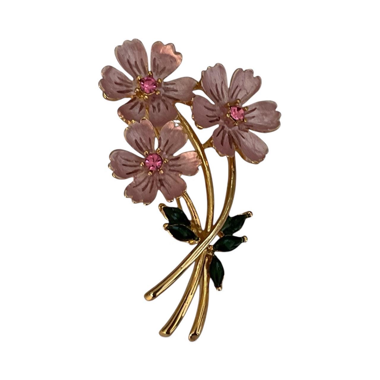 Vintage Pink Enamel Flower Pin – Pink Rhinestone Brooch, Retro Floral Jewelry, Collectible Costume Pin