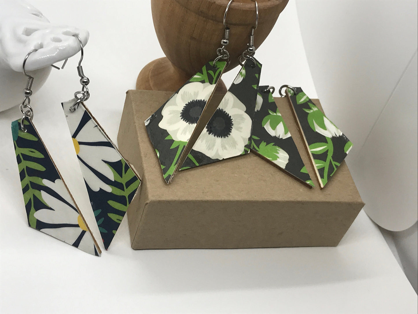 Unique handmade earrings - made of mixed materials - specialty paper, sealant and wood