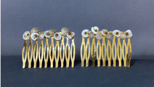 Pair of stunning hand beaded white and striped shell hair combs with burnt orange-gold glass seed beads on goldtone metal hair combs