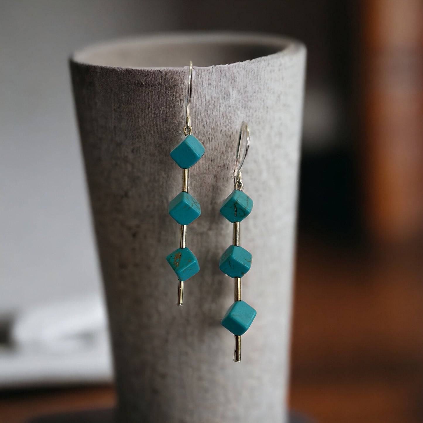Three dimensional turquoise colored cube dangle earrings