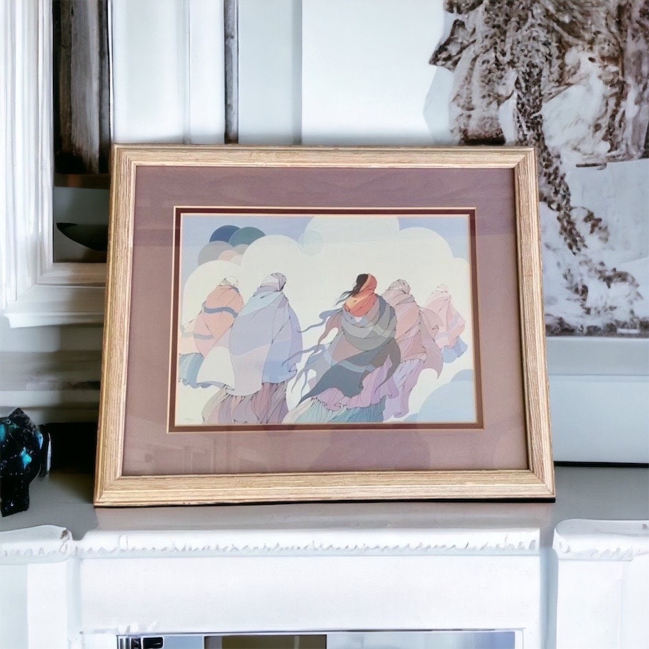 Stunning framed and matted vintage print by the late artist Diane O'Leary titled The Long Journey - Native American Multimedia artist