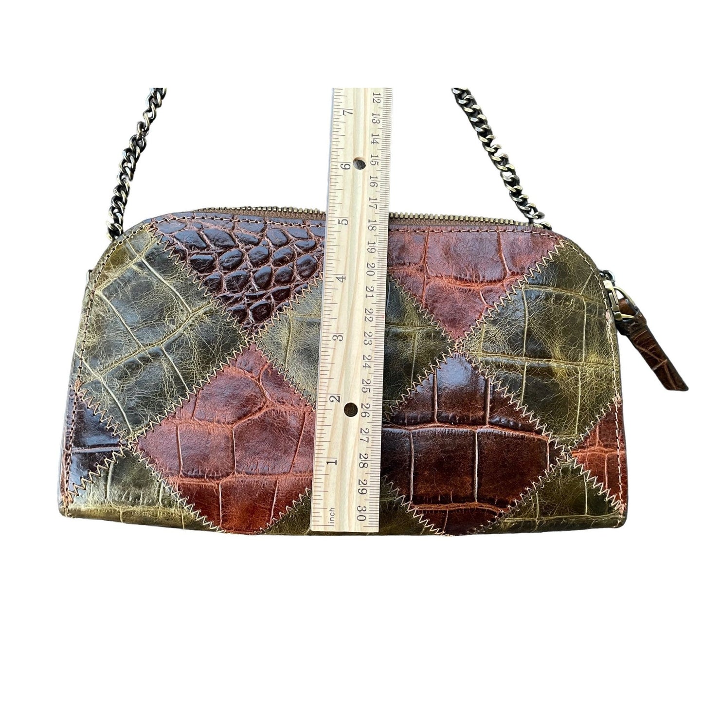Embossed Croc Clutch – Stylish Patchwork Leather Bag with Zig Zag Stitch Detail