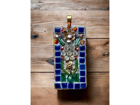 Mixed Material Micro Mosaic - tile, glass, metal and rhinestones - Assemblage art necklace pendant