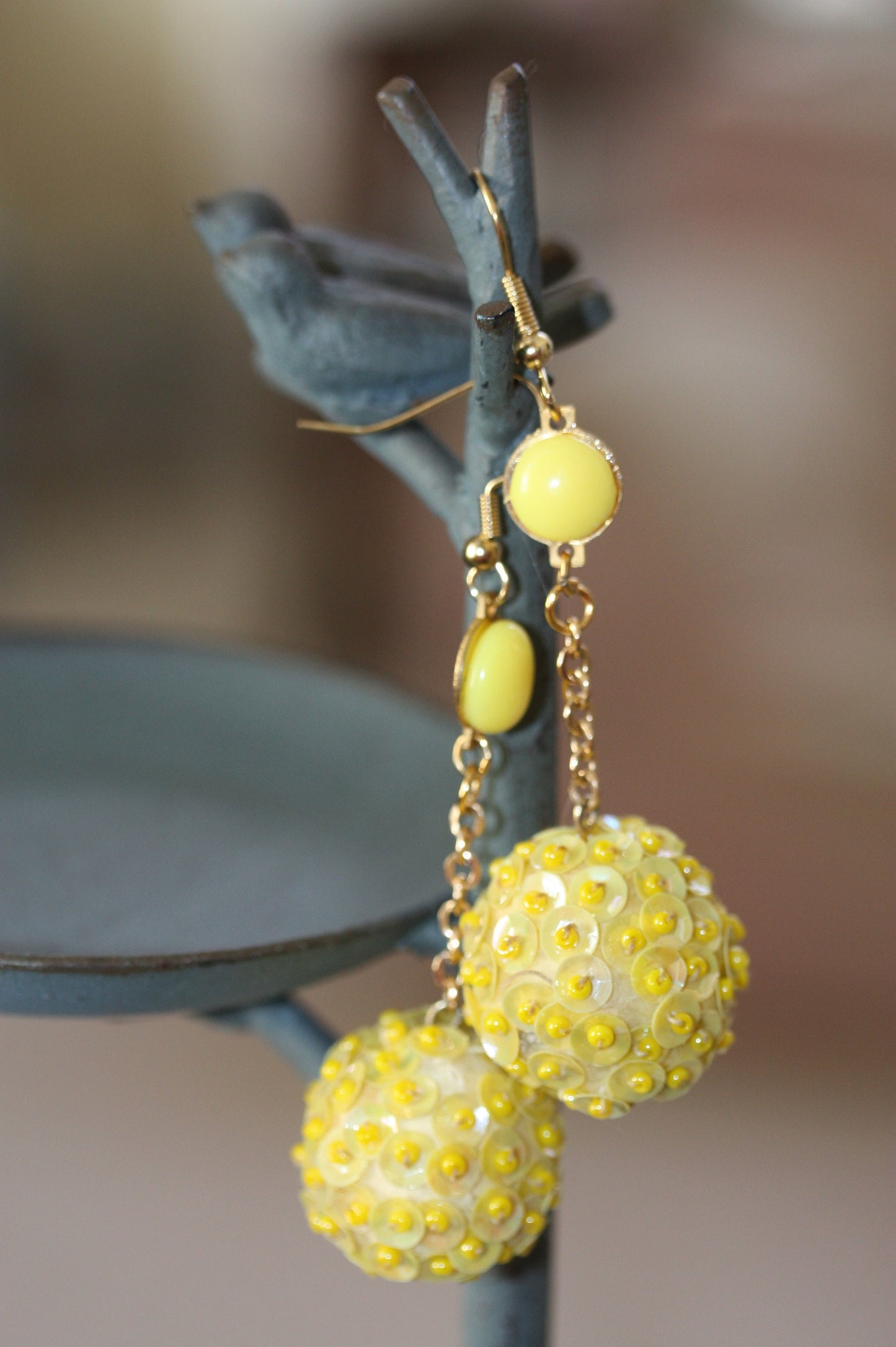 Upcycled yellow sequined ball drop earrings