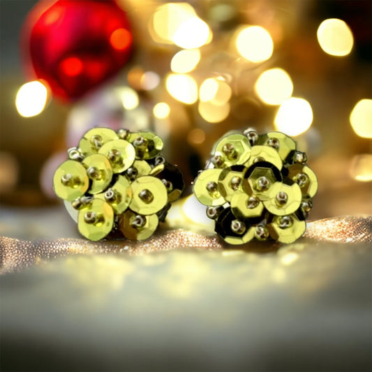 Gold sequin and beadwork stud earrings - for pierced ears OR clip on earrings - your preference