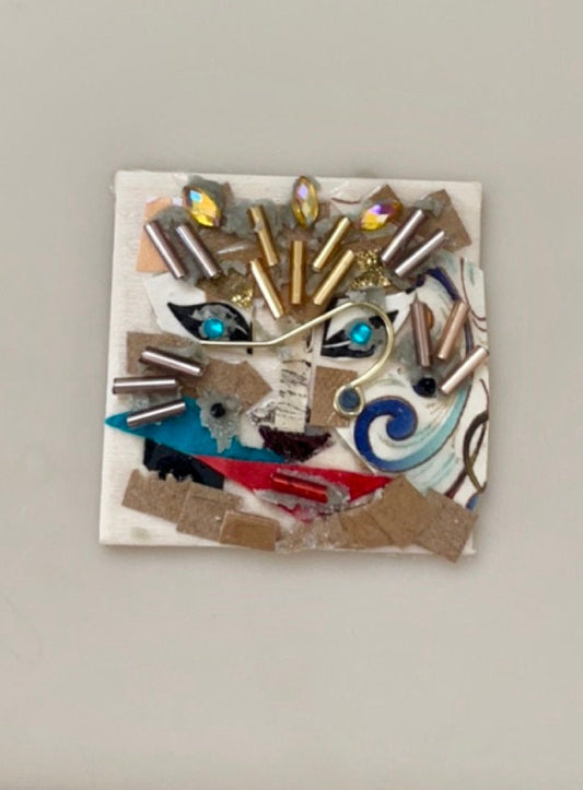 Meet "Lia the Lion" - Assemblage art / mixed media collage, mosaic - magnet, pin, necklace pendant or Christmas ornament