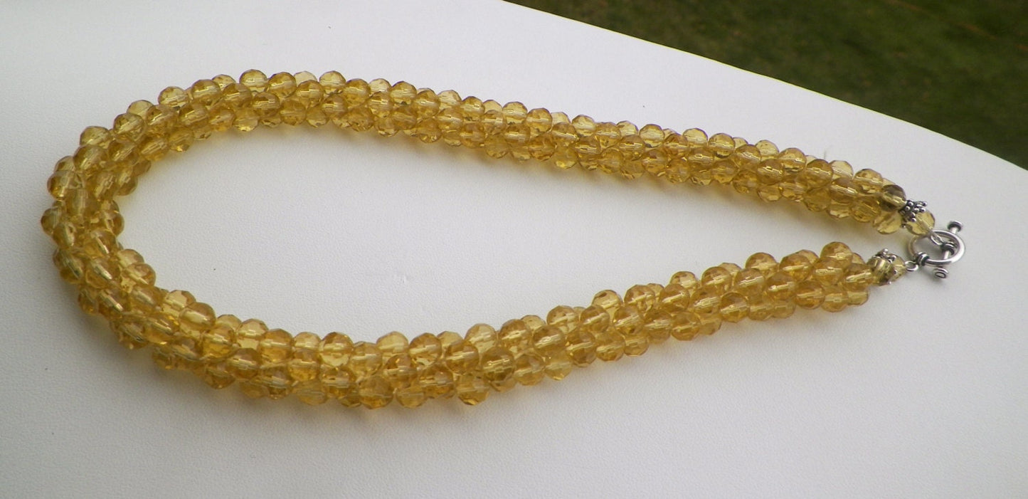 Honey colored faceted glass stunning bead crochet necklace