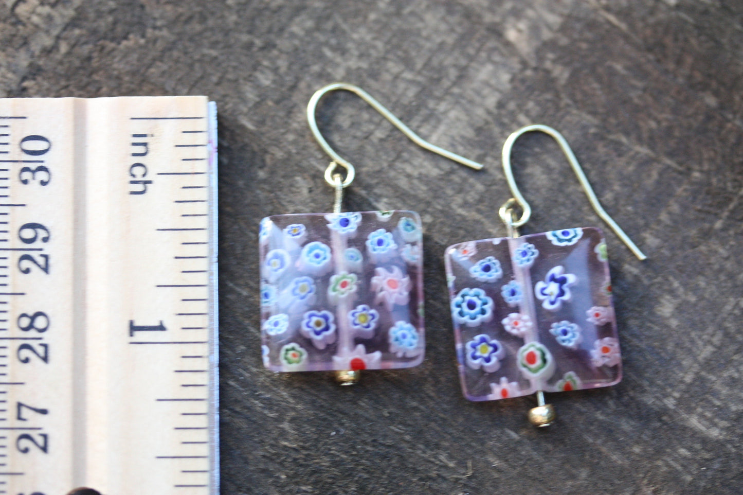 Stunning square glass millefiori floral dangle earrings
