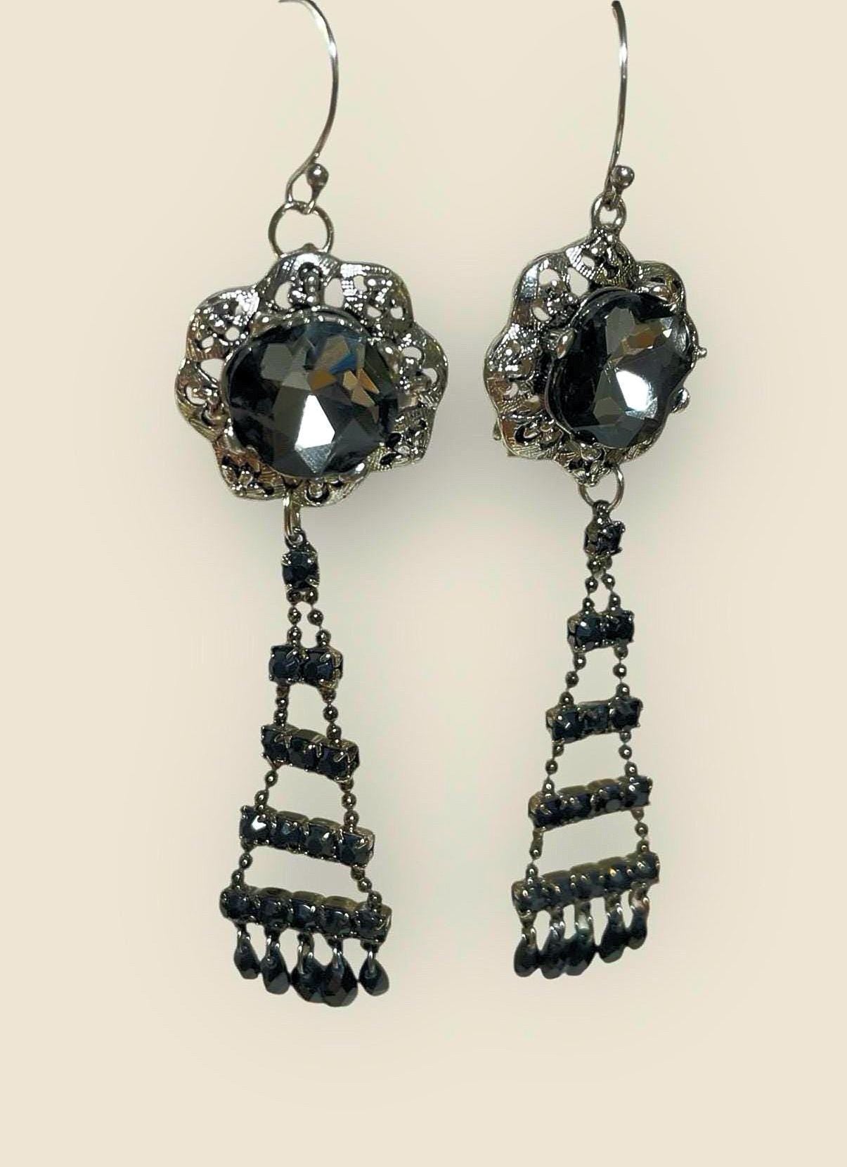Handmade Earrings with Vintage & New Components – Black Crystal Filigree Dangles – Elegant Statement Jewelry