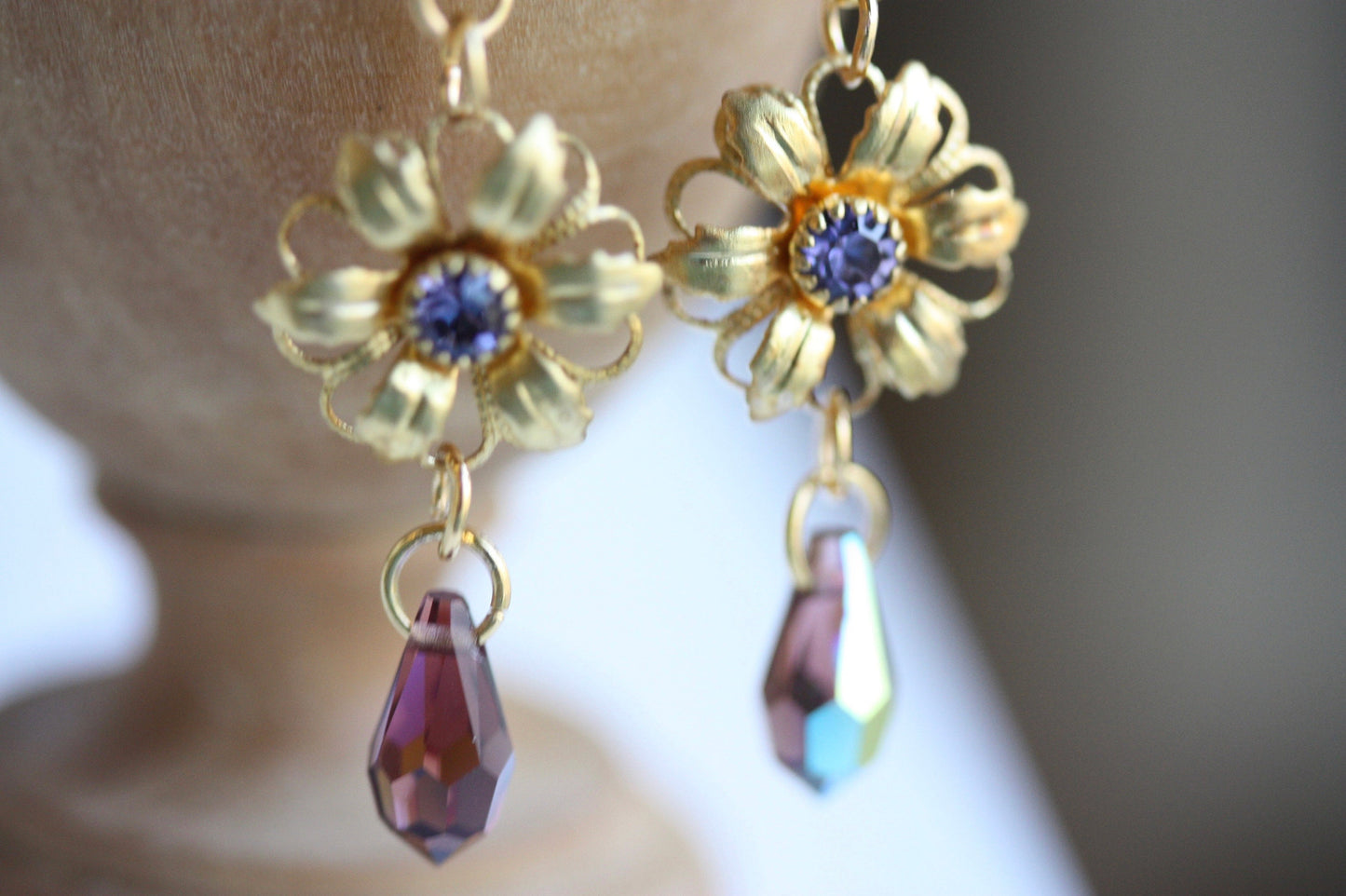 Handmade earrings - made up of vintage & new components - gold flowers with purple rhinestones and crystal dangles