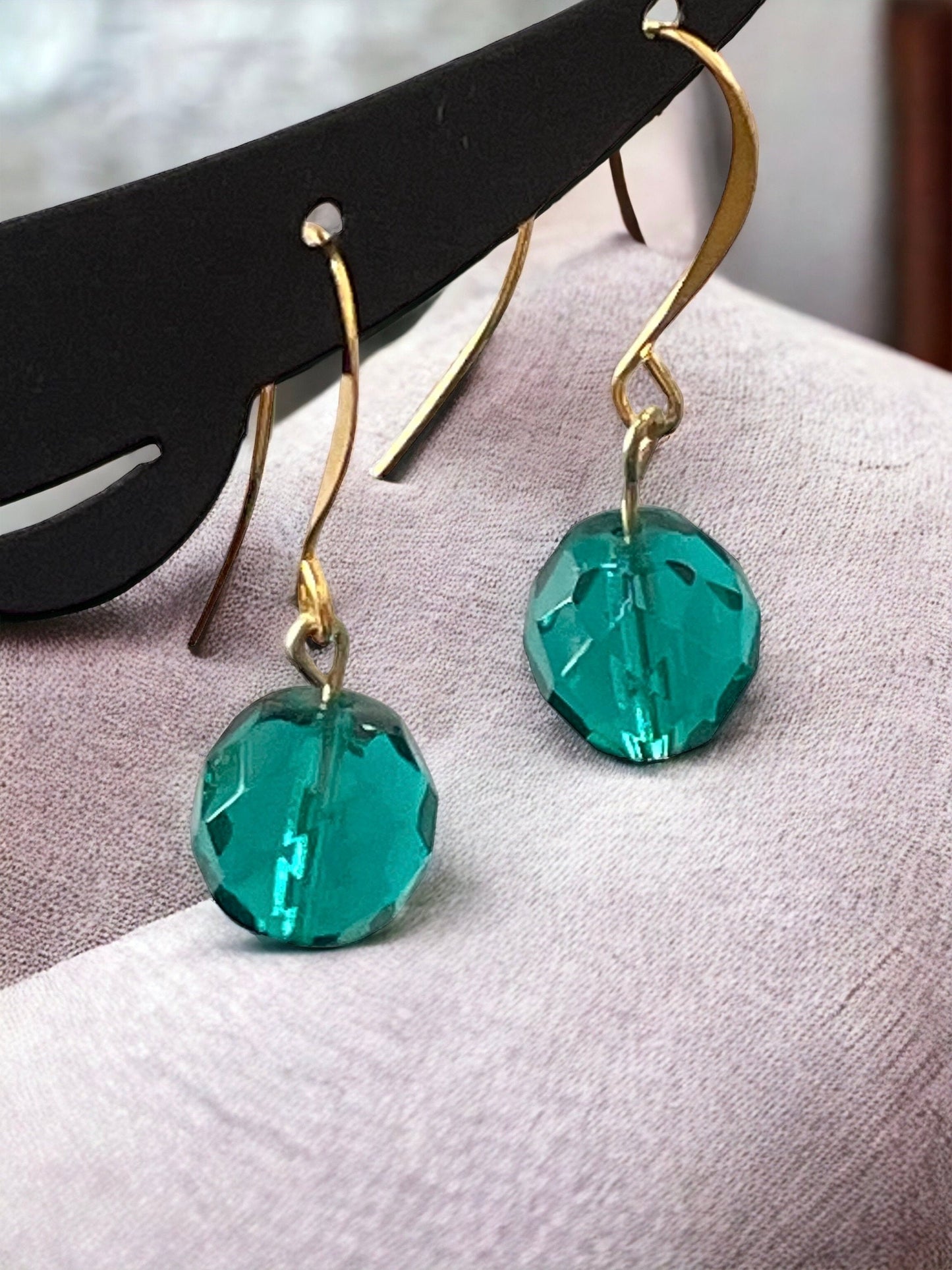 Minimalist turquoise glass crystal dangle earrings with sloped goldstone ear wires