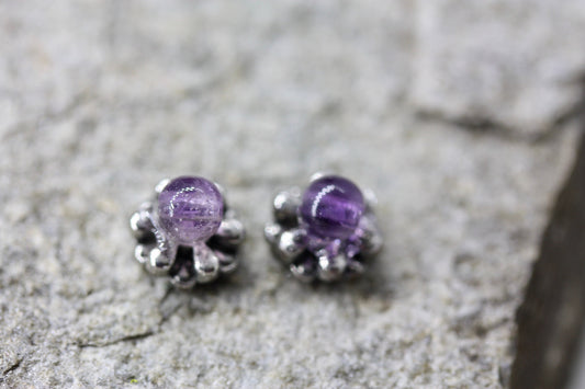 Tiny barely-there purple amethyst in silvertone circle minimalist stud earrings