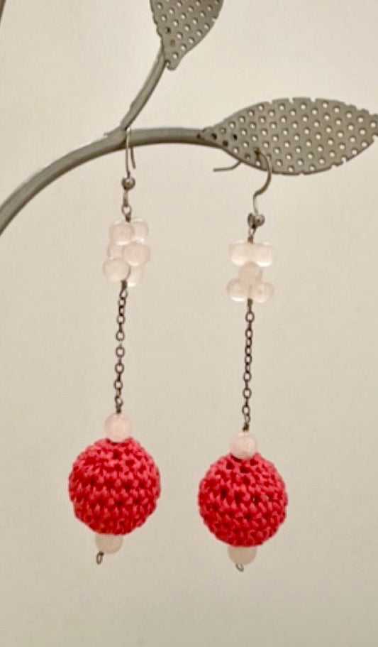 Handmade mixed material dangle earrings featuring upcycled vintage coral or grey crocheted balls - sterling silver ear wires