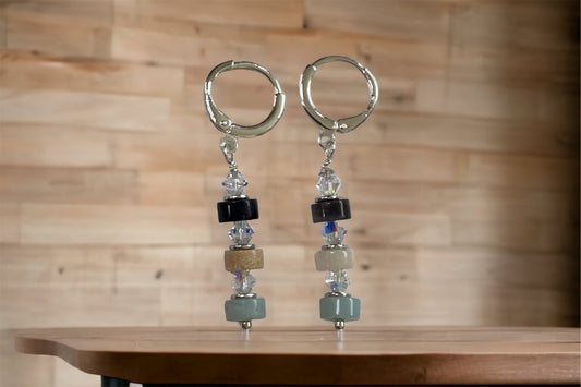 Handmade dangle earrings - turquoise, cream and black stone interspersed with Swarovski crystals - huggie ear wires