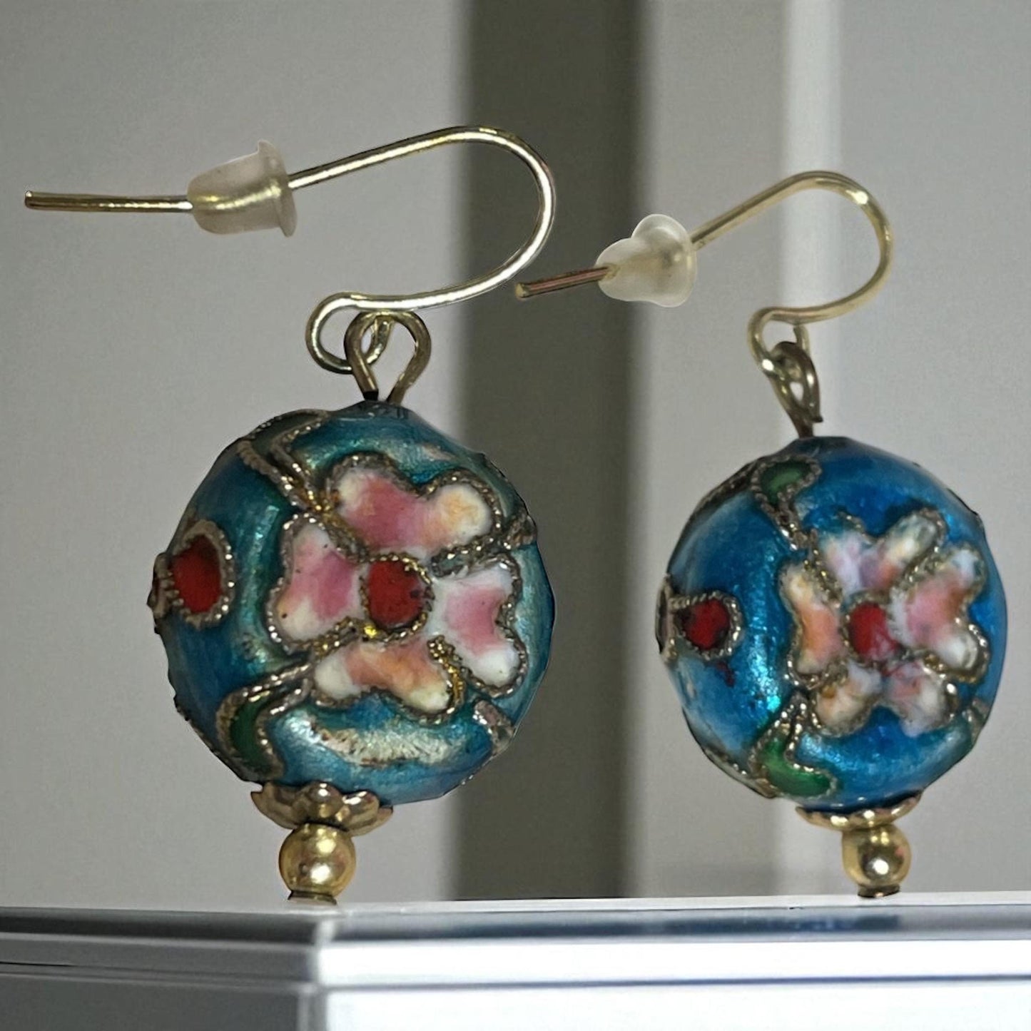 Blue floral cloisonne dangle earrings