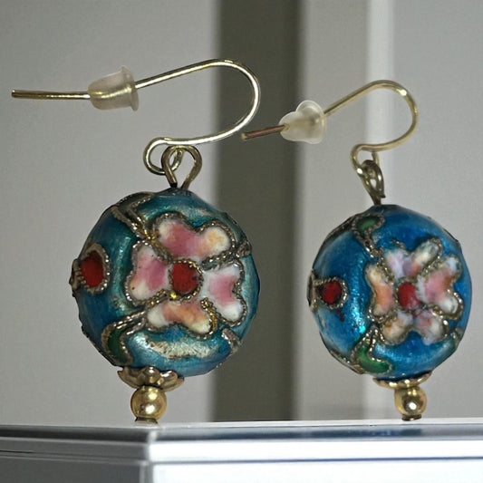 Blue floral cloisonne dangle earrings