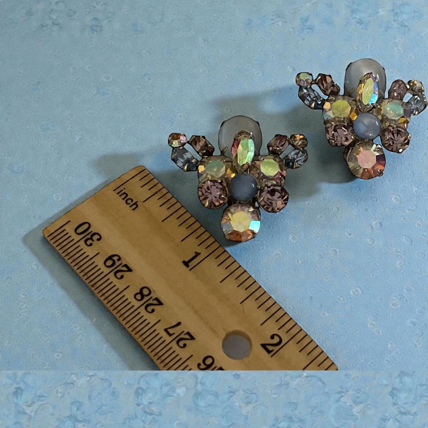 Vintage Rhinestone Cluster Clip On Earrings | Pastel Aurora Borealis Crystal Earrings | Mid Century Costume Jewelry