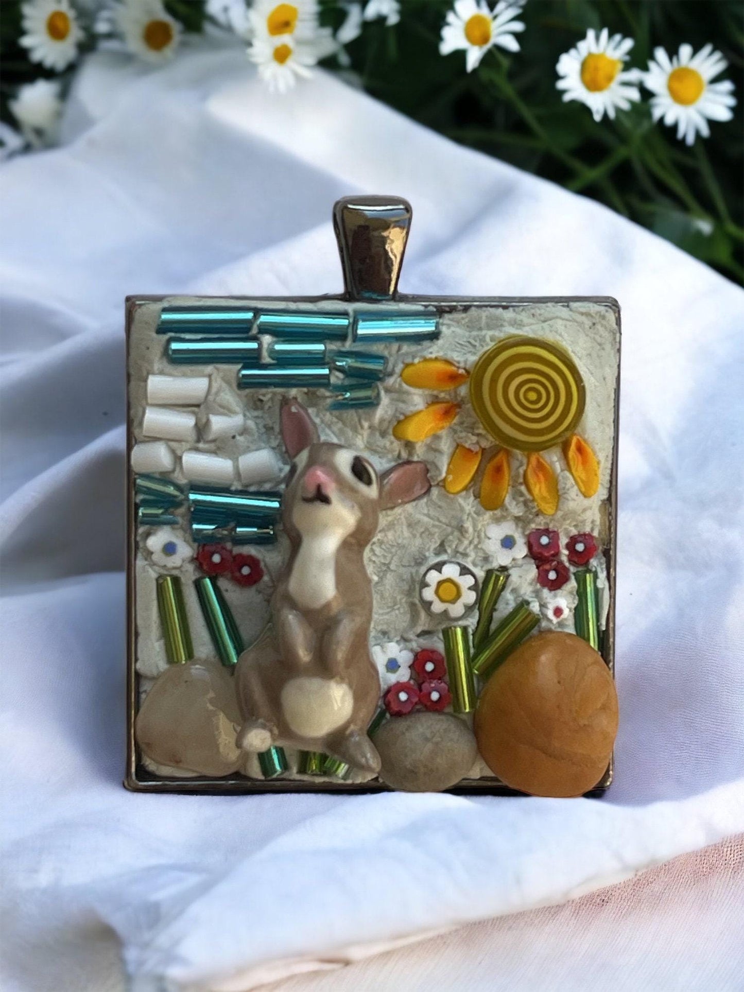 Micro Mosaic Pendant: Bone China Rabbit with Beach Flowers (1.5 inch)