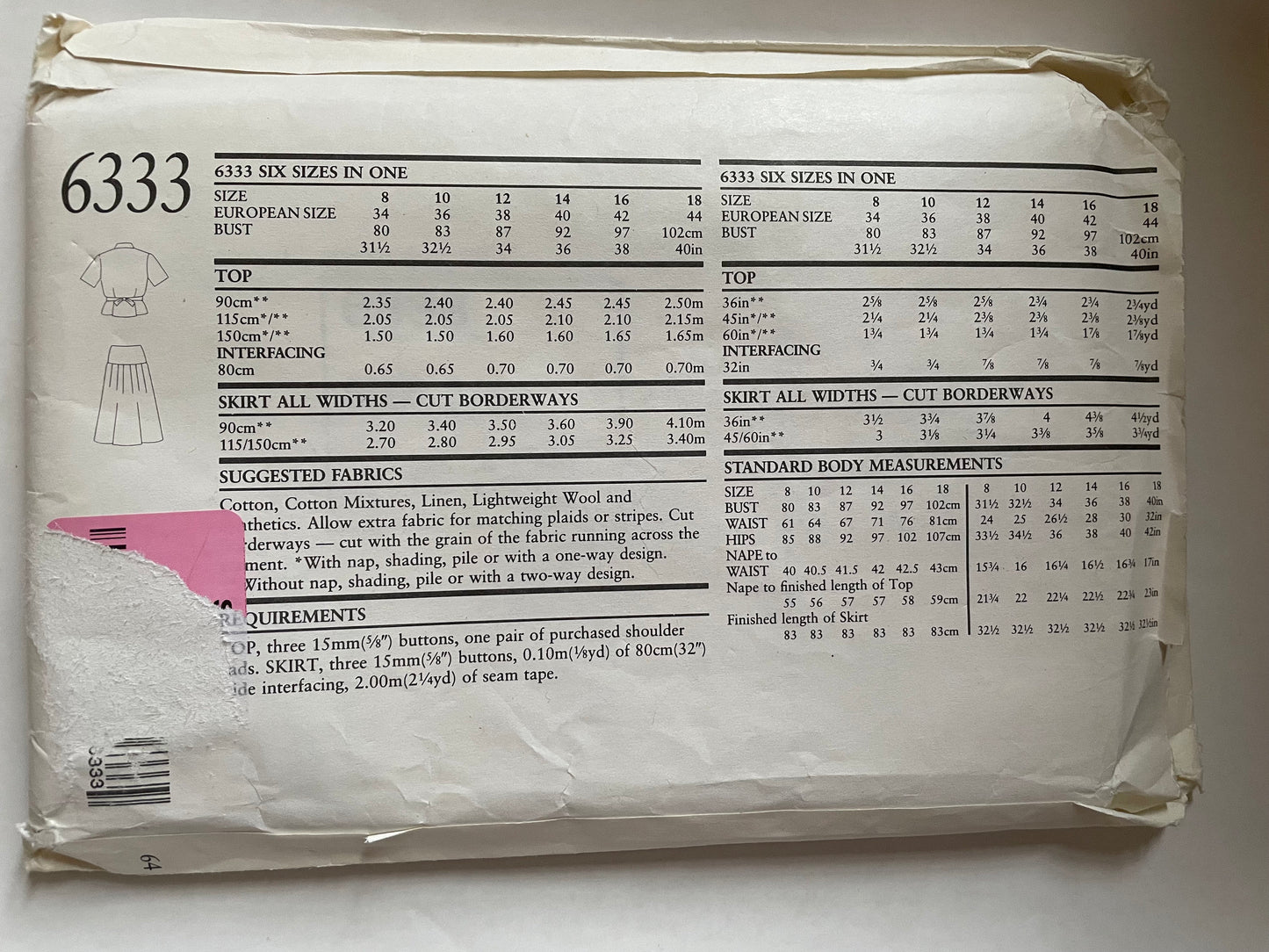 UNCUT Sewing Pattern - New Look Pattern 6333 - Short Sleeve, Double Breasted Weskit/Top and Yoked Waist Skirt, Released Pleats, Sz 8 - 18