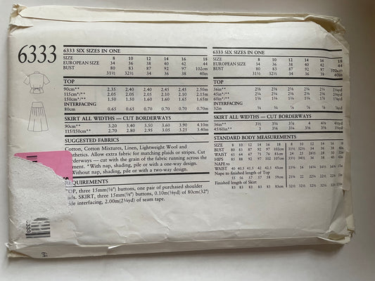 UNCUT Sewing Pattern - New Look Pattern 6333 - Short Sleeve, Double Breasted Weskit/Top and Yoked Waist Skirt, Released Pleats, Sz 8 - 18