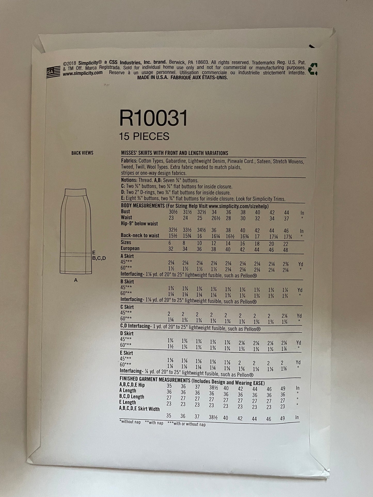 UNCUT Sewing Pattern - Simplicity R10031 High Waisted Button Front or Wrap Skirt R5 Sz 14-22