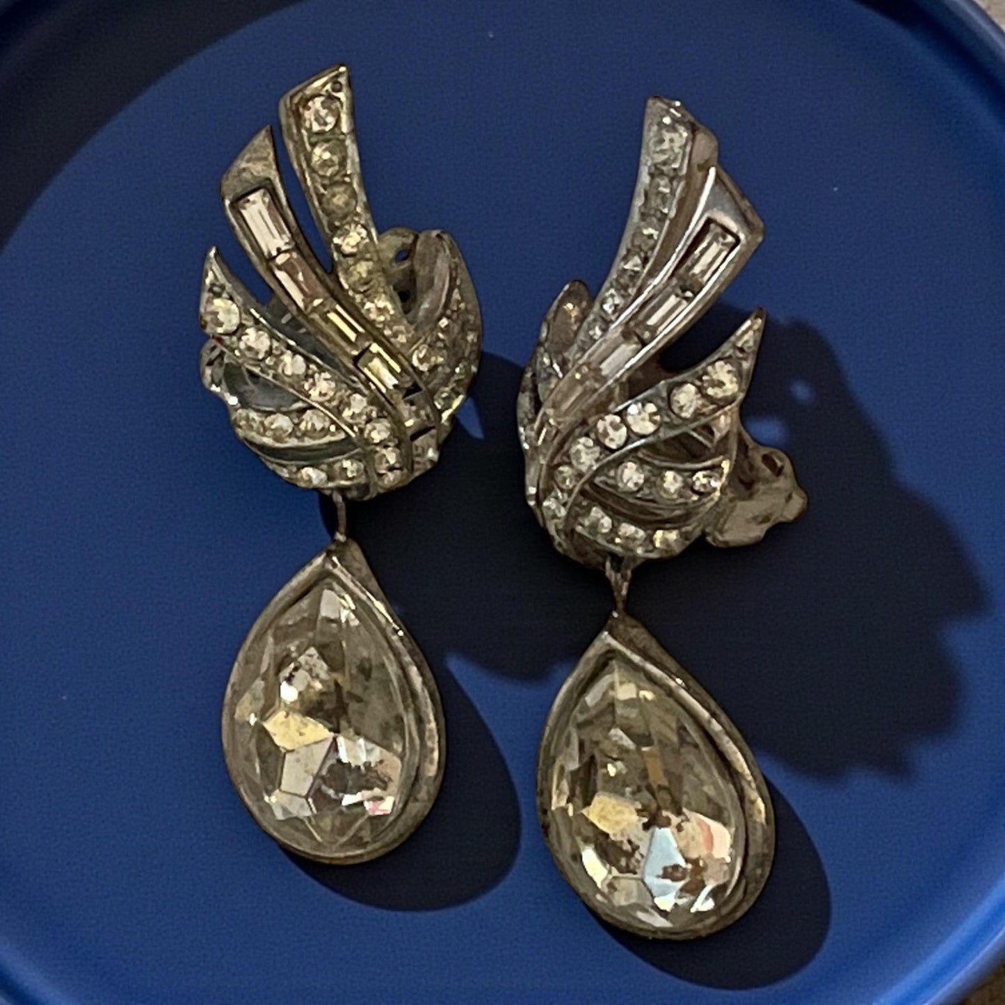 Vintage Rhinestone Teardrop Clip On Earrings | Silver Tone Art Deco Statement Dangle Jewelry