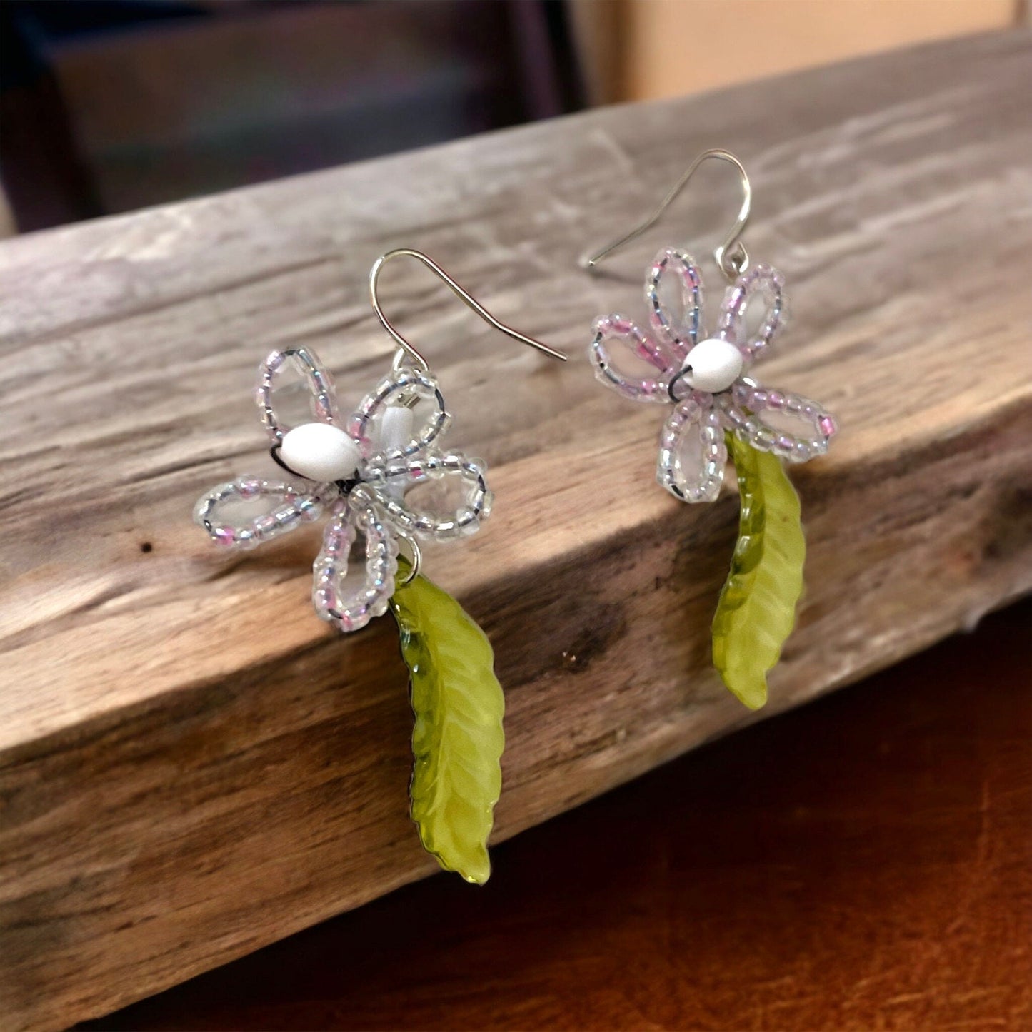 French beaded flowers with glass leaves dangle earrings
