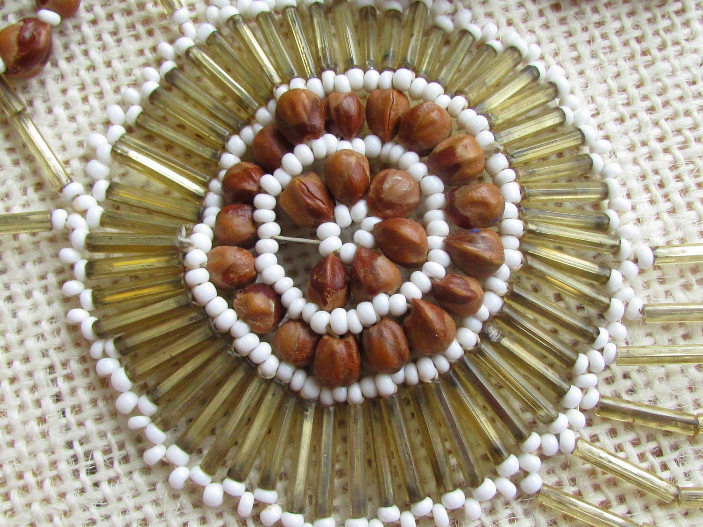 VERY Unique vintage artisan beadwork necklace made of nuts, bugle beads and seed beads