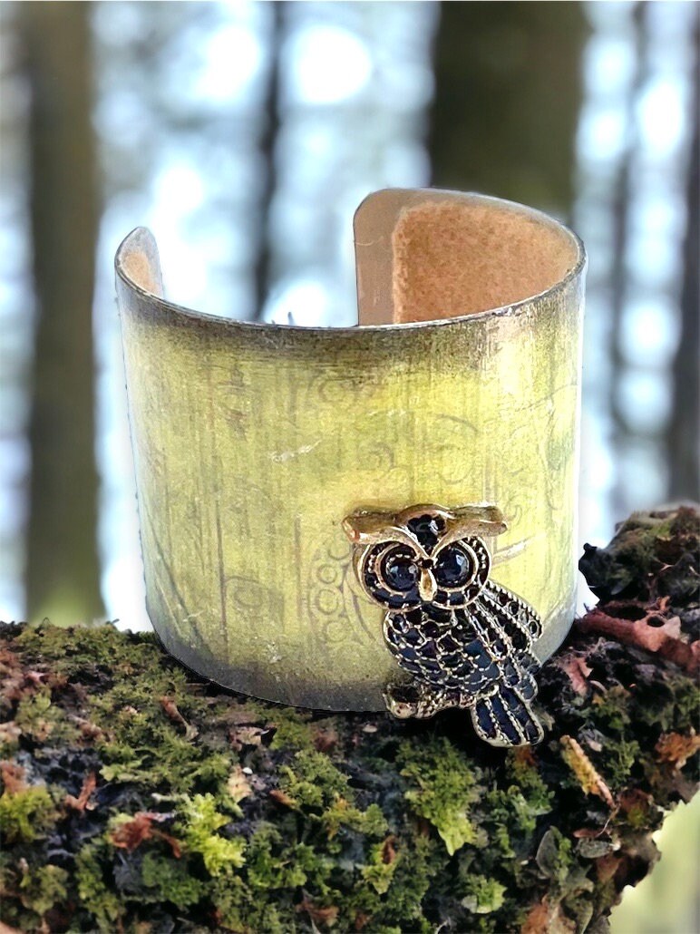 Vintage handmade green cuff bracelet with owl