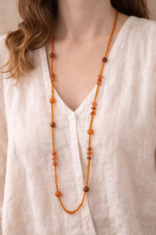 Vintage Orange Glass Bead Necklace – Long 3 Strand Beaded Statement Necklace – Amber Tone Layered Retro Jewelry