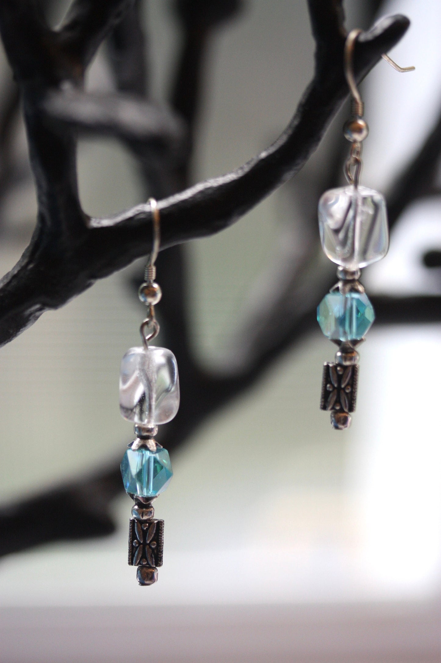 Blue crystal & uniquely shaped clear glass handmade dangle earrings