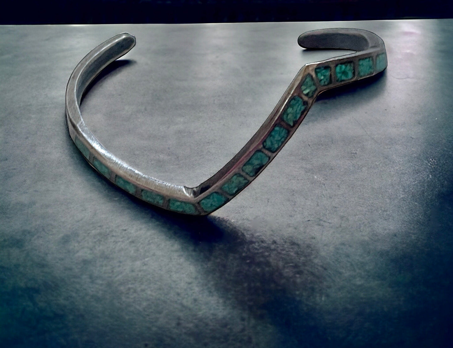 Sterling silver and inlaid turquoise vintage cuff bracelet - uniquely shaped