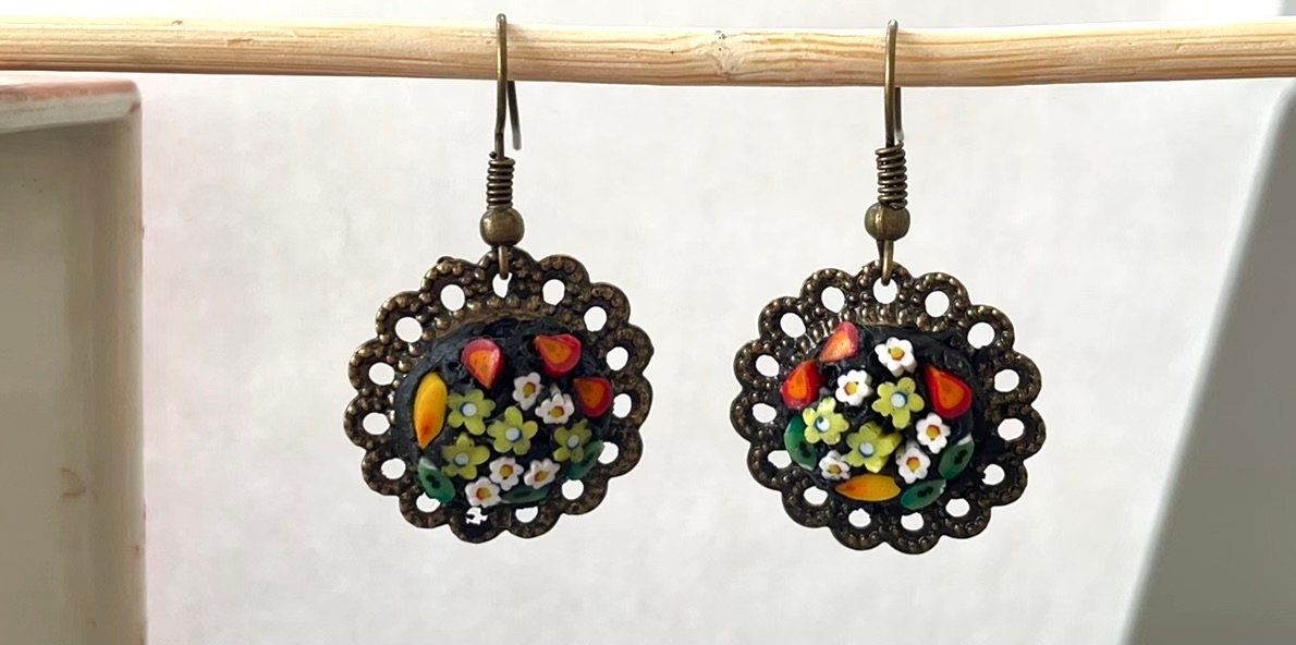 My own handmade Italian style round inlaid micro mosaic glass earrings - magical flower garden