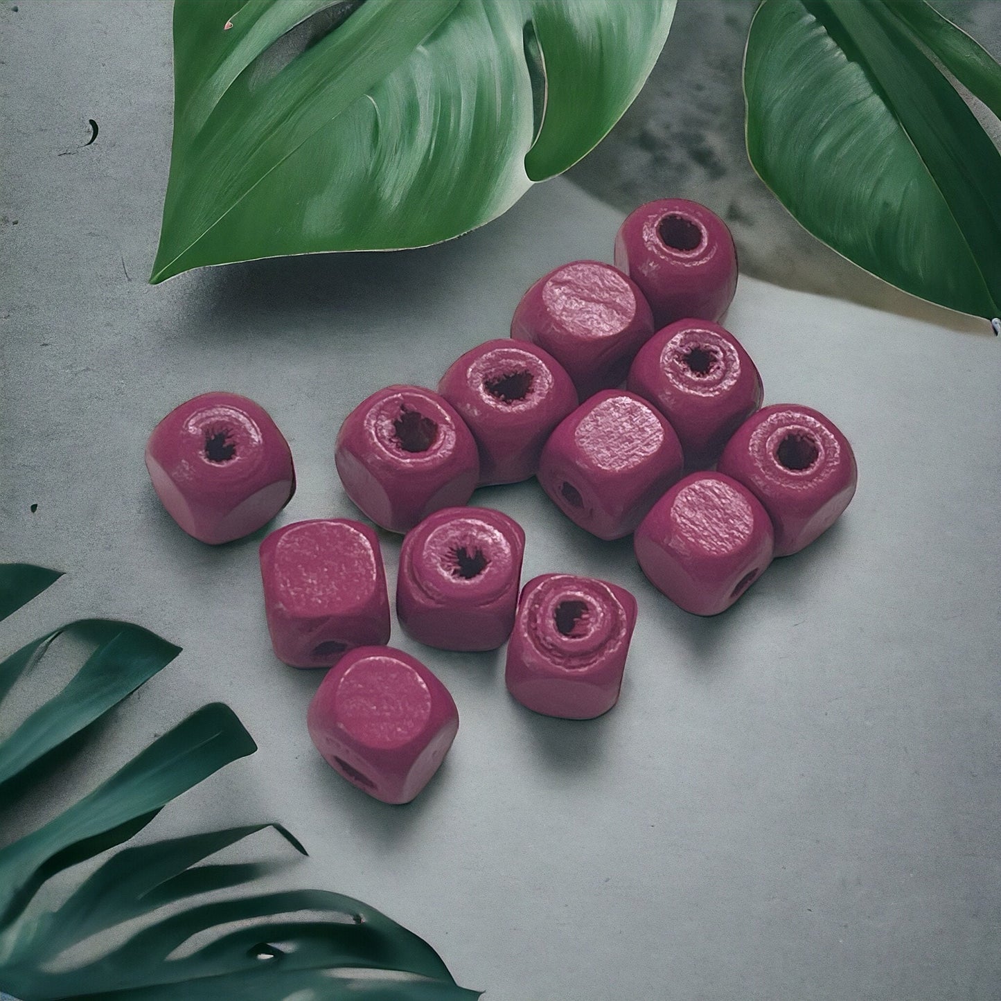 One dozen small cube square purple wood vintage beads - approx. 8 mm each