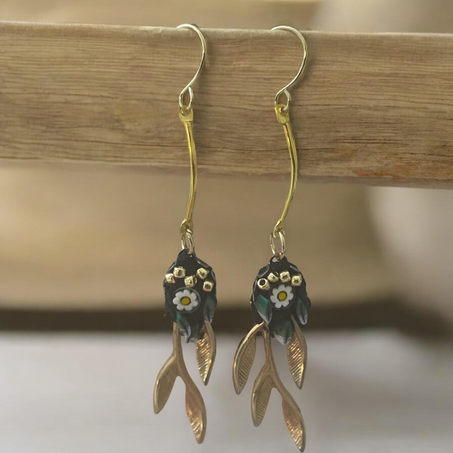 Handmade micro mosaic with gold leaves - long dangle earrings