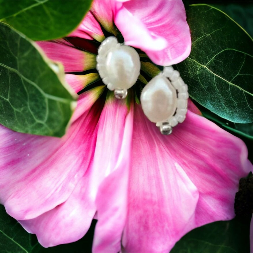 Stunning baroque pearl stud earrings with tiny intricate beadwork - sterling silver ear wires