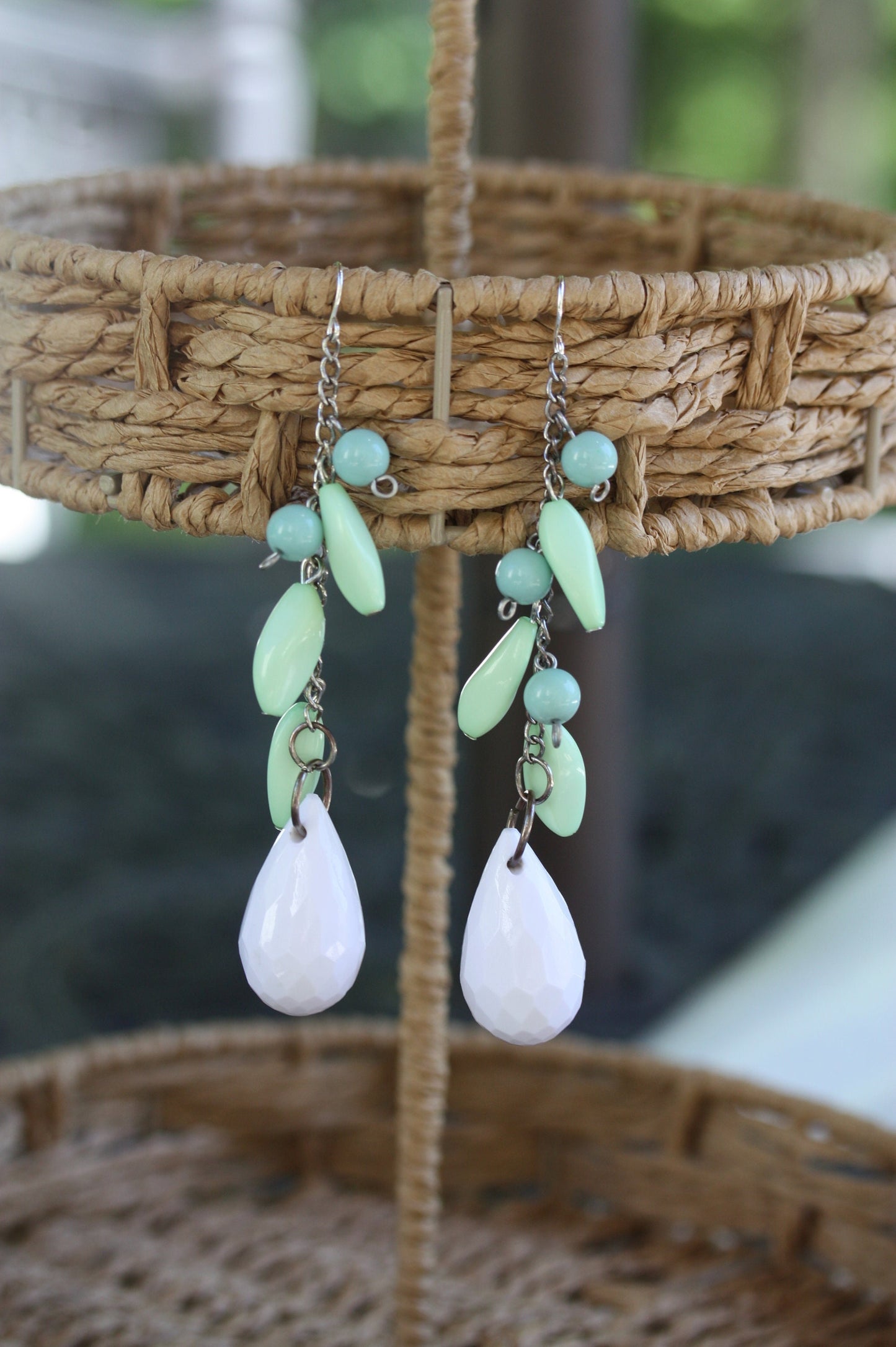 Seafoam green, blue and white fun long dangle earrings