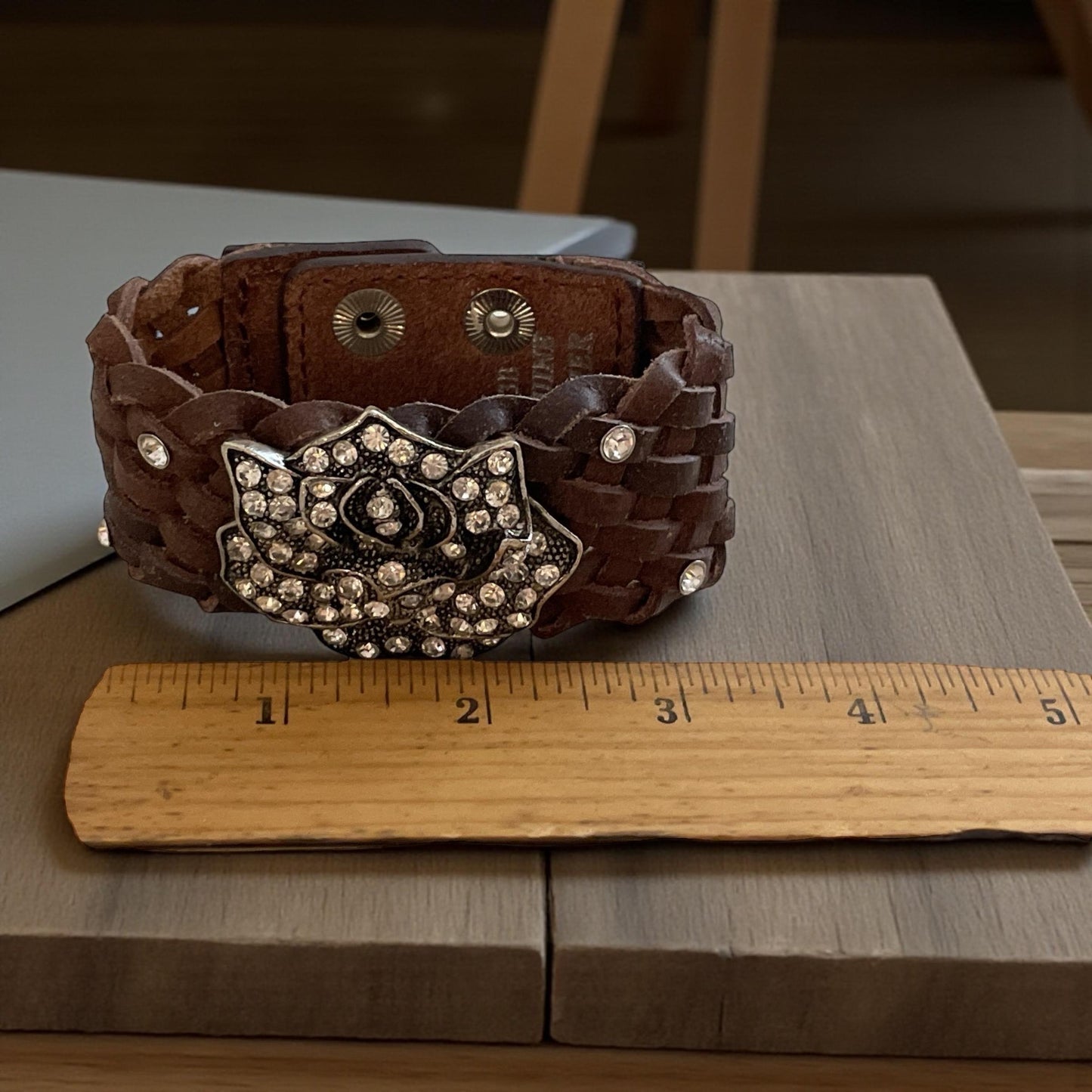 Charming Charlie Silver-Tone Leather Bracelet with Rhinestone Rose – Floral Statement Jewelry