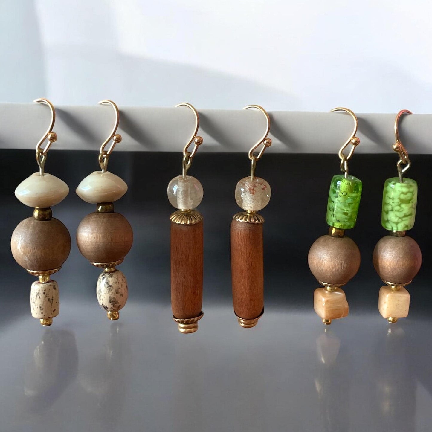 Handmade wood and glass dangle earrings - Your choice