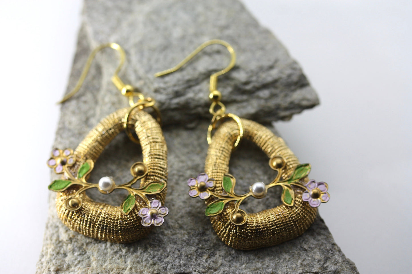 Handmade mixed material dangle earrings made of vintage and new materials