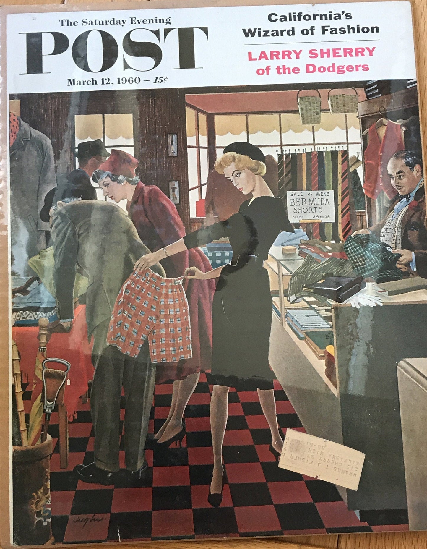 RARE - Saturday Evening Post - Original Cover - March 12, 1960 - woman shopping, Bermuda shorts