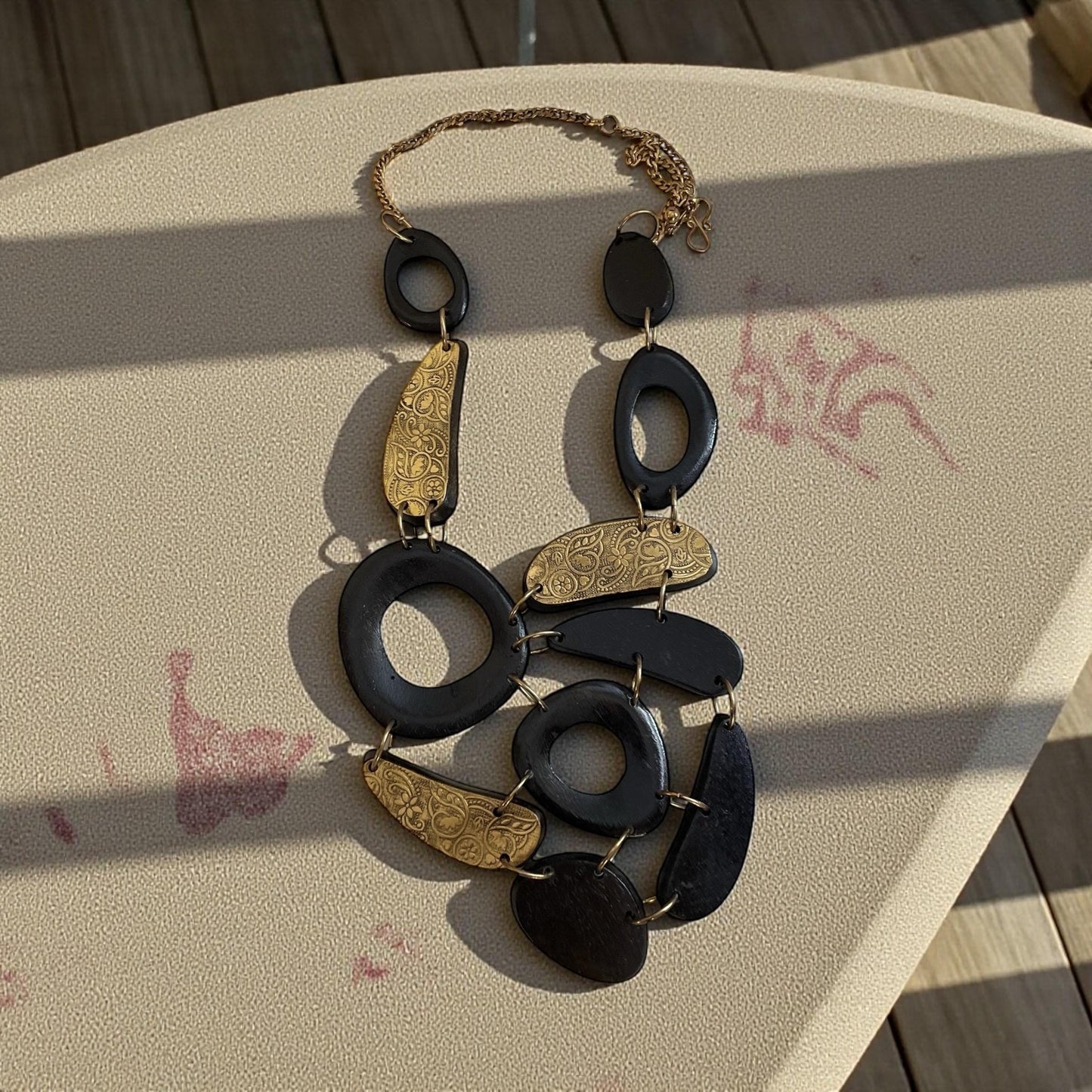Vintage Wood Statement Necklace | Large Mixed Wood and Brass Tone Links | Boho Artisan Style Necklace | Chunky Wood Jewelry