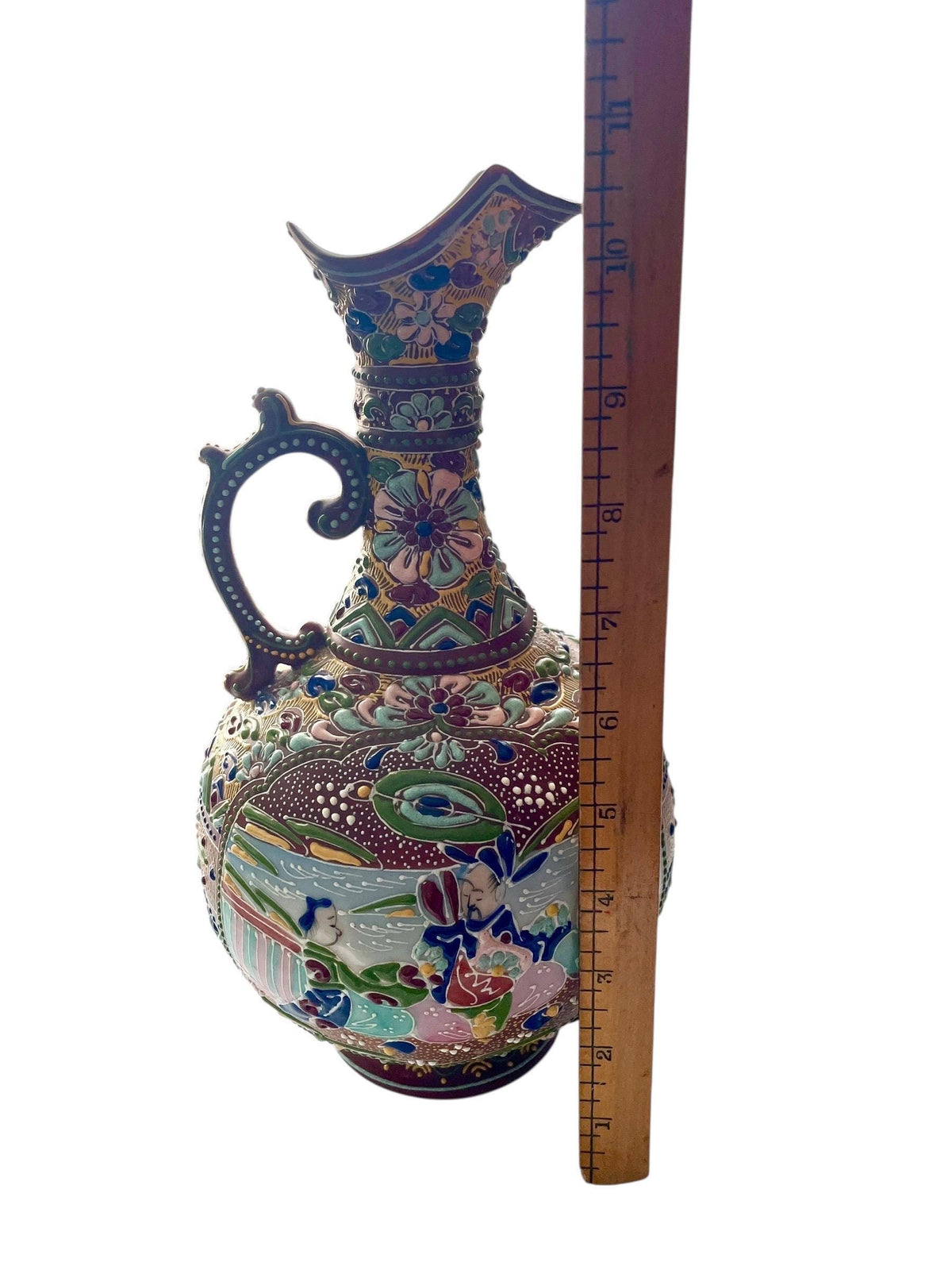 Antique Japanese Satsuma Moriage Pitcher | Hand Painted Figural Ewer Vase | Raised Enamel Gold Gilt | Meiji Style Art Pottery