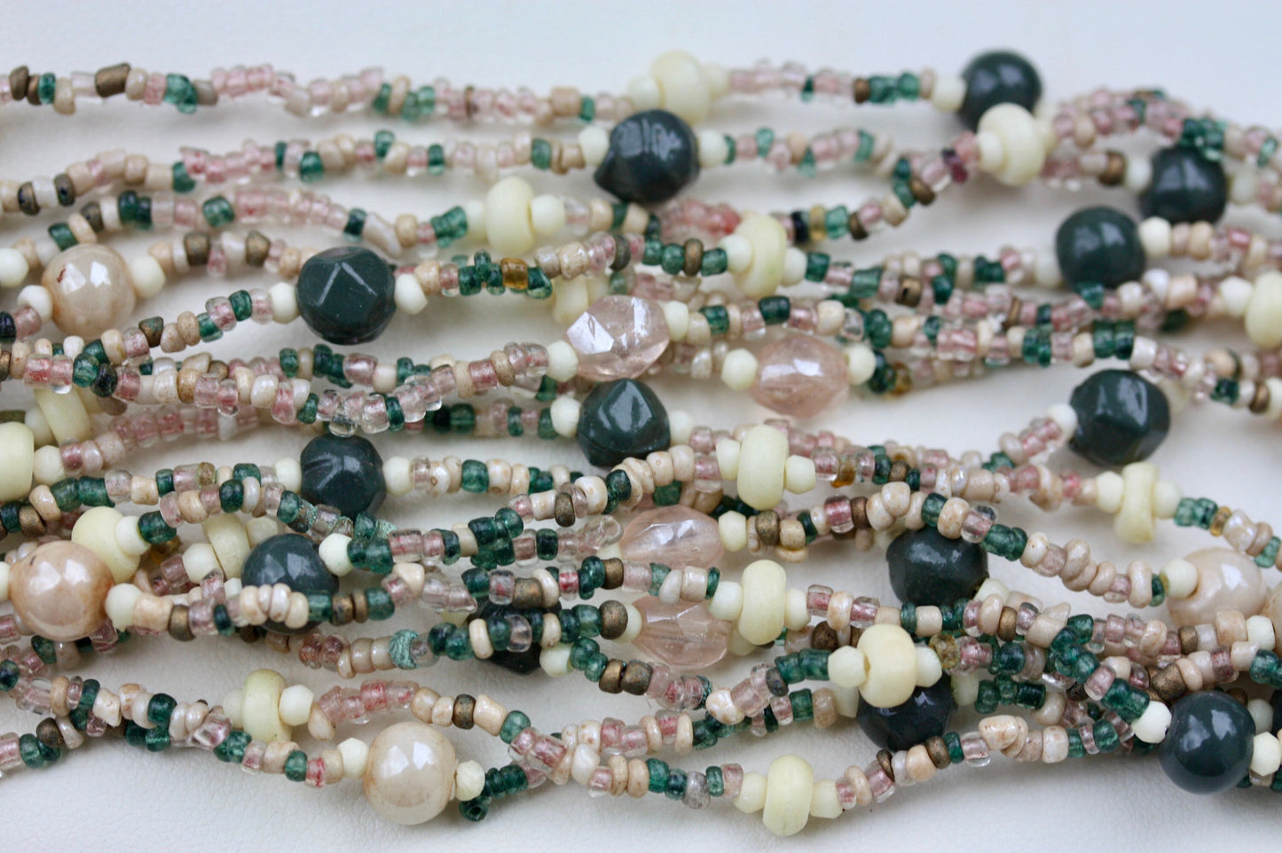 Stunning mixed material -  shades of pink, green and cream multi strand vintage necklace with adjustable hoops