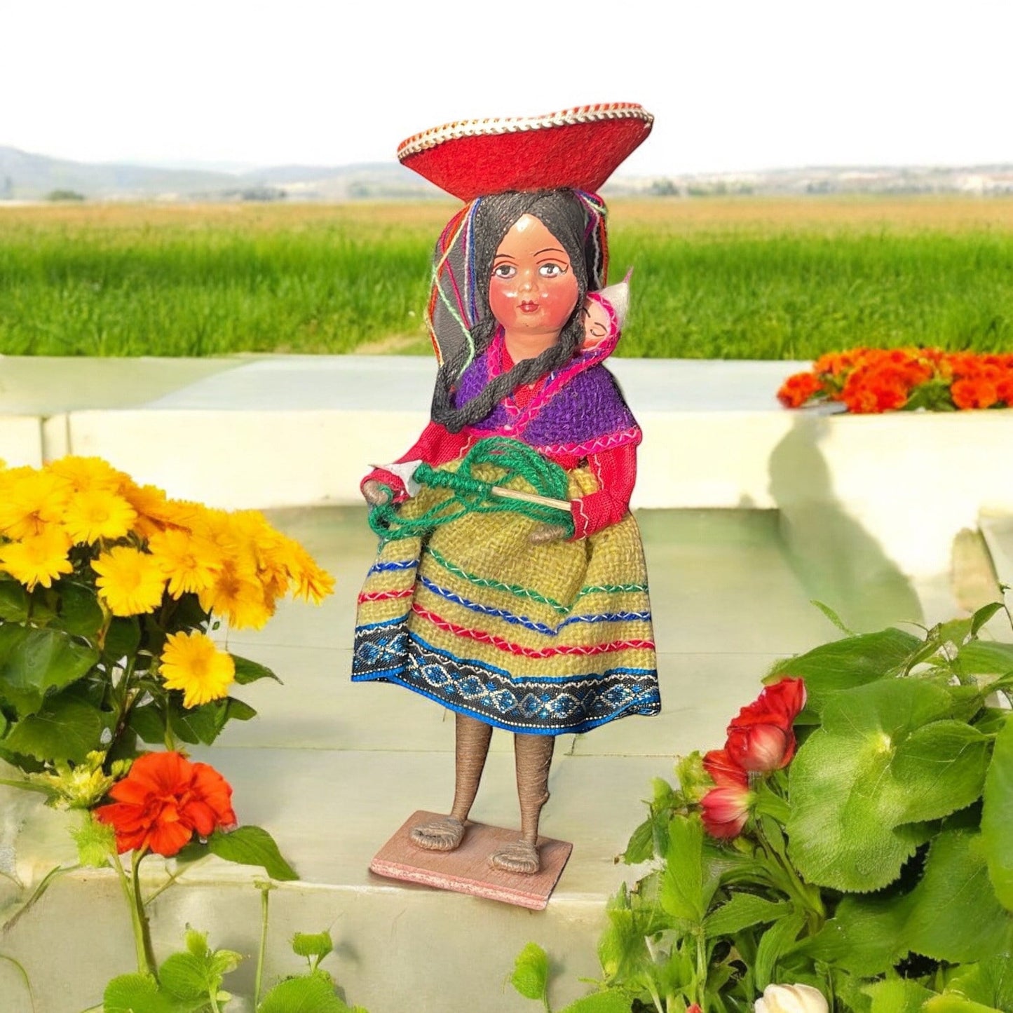 Vintage collectible handmade Peruvian folk art doll - woman and baby