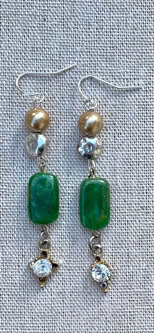 Unique long dangle earrings made with new and vintage mixed materials - hammered metal, gold faux pearls, vintage green drops and charms