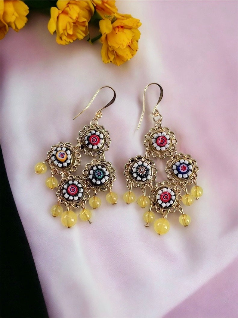 Handmade Italian millefiori mosaic dangle earrings with beads